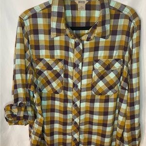 Duluth Trading Co Checkered Button Down Shirt - Brown, Yellow, Blue